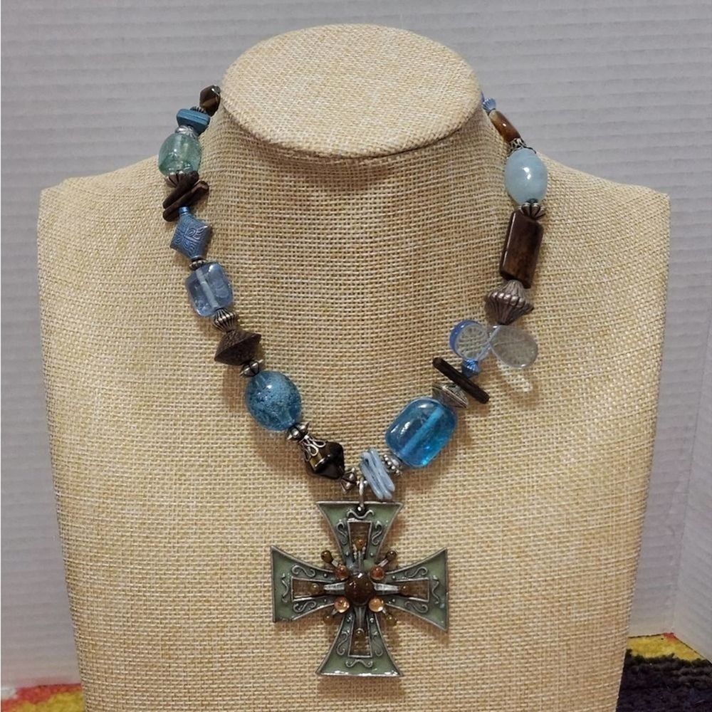 TREsKA funky beaded cross religious necklace new